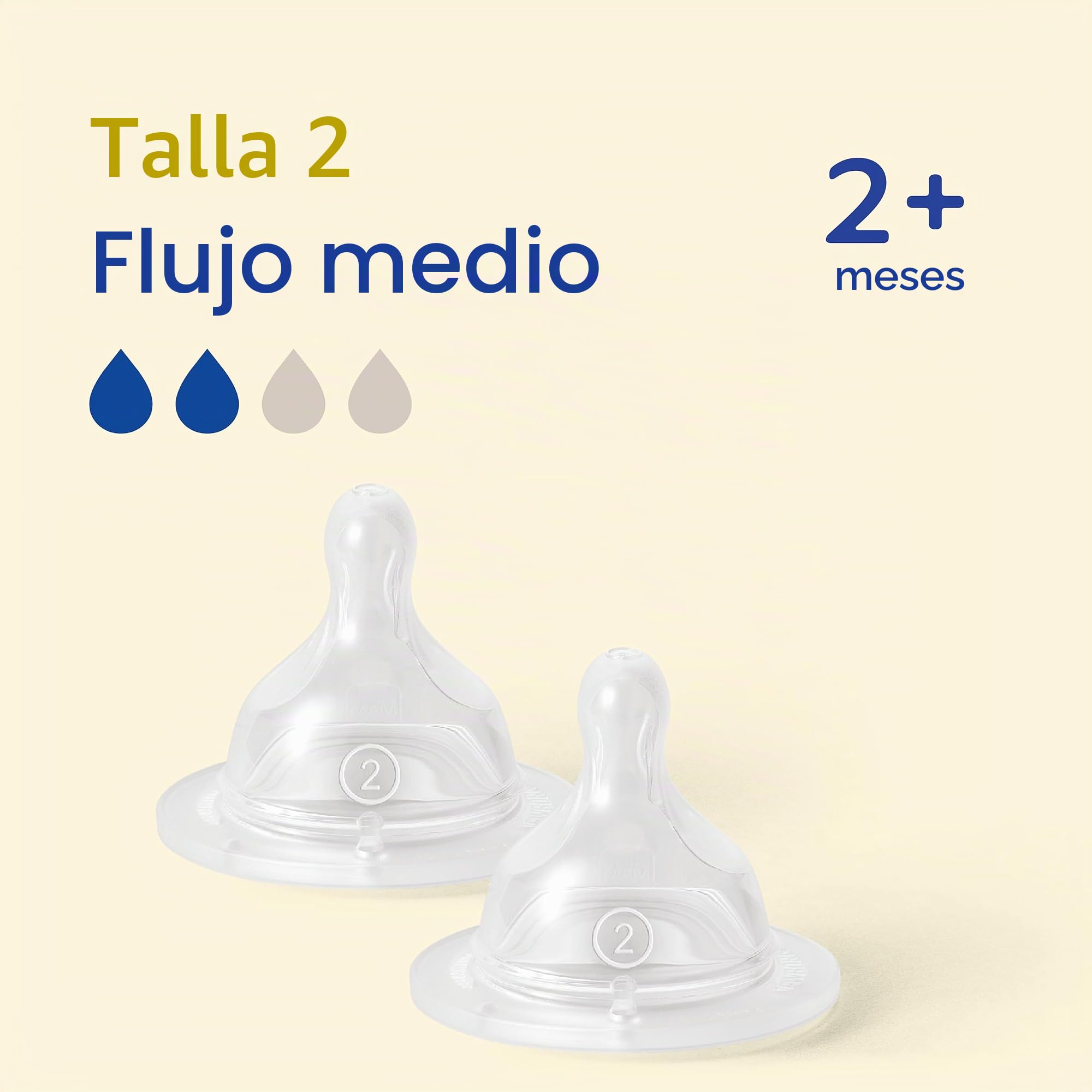 MAM Lote de 2 Tétines Anatomiques en Silicone 2+ mois Débit 2 Moyen, tétine plate et ultra-douce pour bébé, Instrucciones en Lengua Extranjera