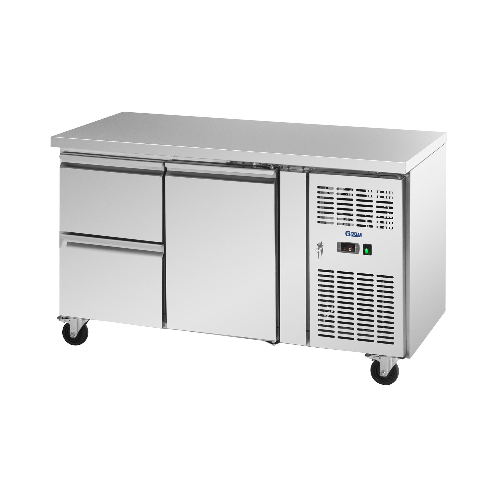 Royal Catering Table réfrigérée sur roulettes 280 l 1 Compartiment / 2 Tiroirs 136 x 70 cm Classe B Inox - Tour réfrigérée Comptoir réfrigéré