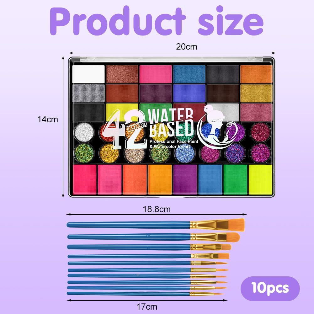 LOPHE Face Body Painting Kit | 42 Colour with 10 Brushes | Water Based Split Cake Palette for Kids Adults | Halloween, Cosplay & Party Makeup Set - Image 2