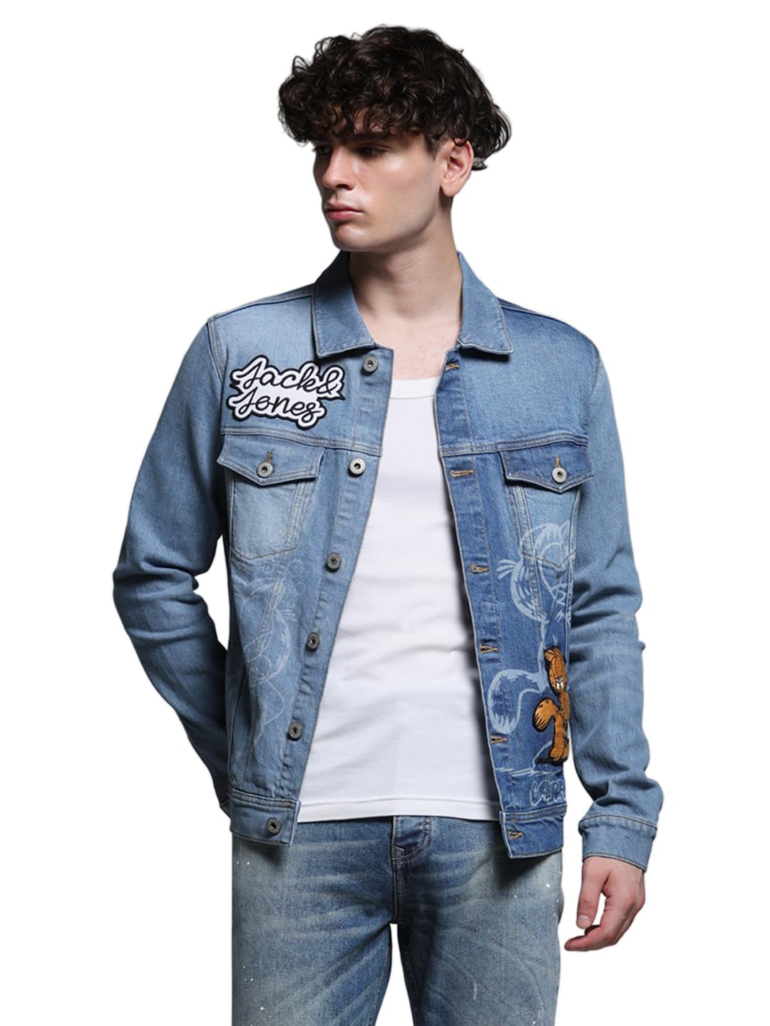 Jack & Jones Men Washed Colourblocked Crop Denim Jacket with Patchwork in blue