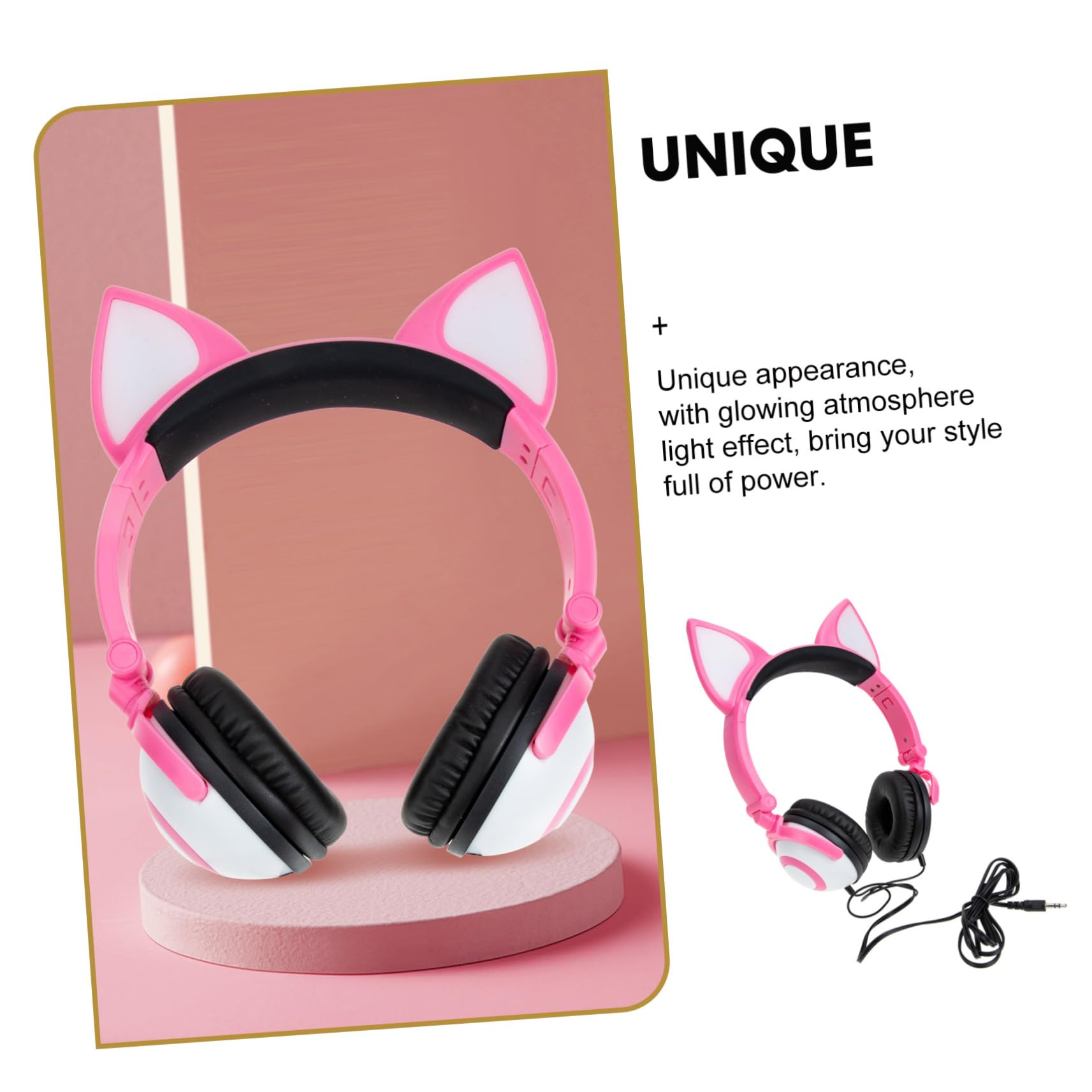 HOMSFOU Cuffie per Bambini Orecchie di Gatto Rosa, Pvc, 40mm | Spinotto Dritto 3, 5mm, Capacità 180mah, Design All-wrapped Accessorio Batteria a Bottone