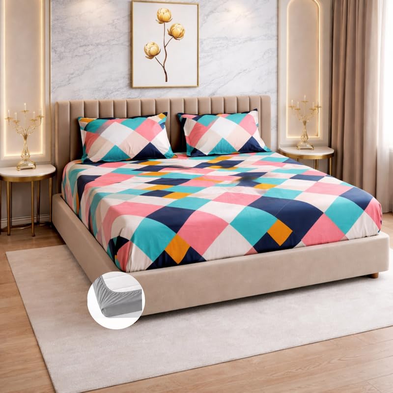 Image of THEA King Elastic Fitted Double Bedsheet Set| 100% Cotton Like Soft Fabric | Microfiber King Elastic Double Bedsheet for King Size Bed (72 X 78 x 10 inches) with 2 Pillow covers,Modern Mosaic