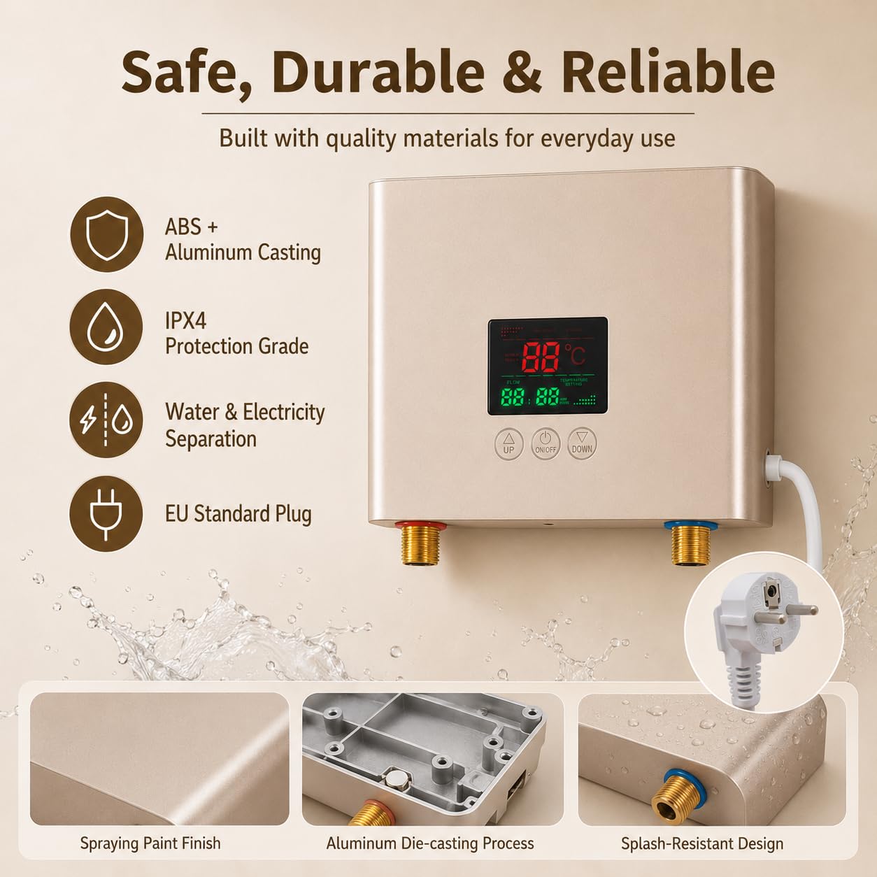Mini Durchlauferhitzer Küche 3000W, Elektrische Durchlauferhitzer Klein, 30-55 ℃ Elektrische Warmwasserbereiter mit LED Digitalanzeige Panel und Fernbedienung, für Küchen, Waschküchen