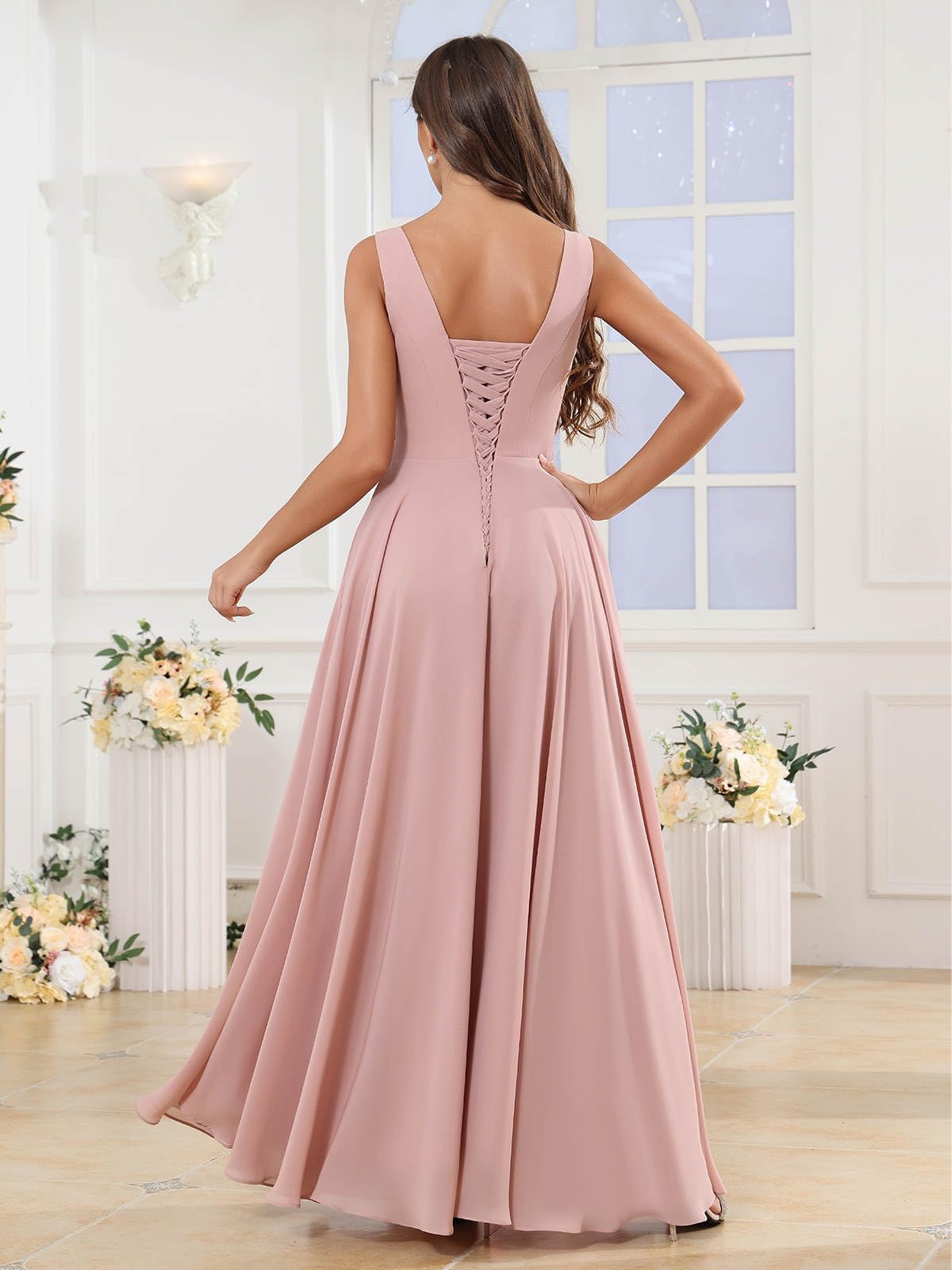 Damen Chiffon Brautjungfernkleider Lang - Quadratischer Ausschnitt Abendkleider Für Hochzeit A Line Plissiert Festlich Elegant Maxi Kleid Mit Taschen