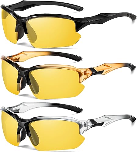 Paquete de 3 lentes polarizados de visión nocturna para hombres, conducción, ciclismo, deporte, noche, antirreflejos, lentes amarillas, marco ligero