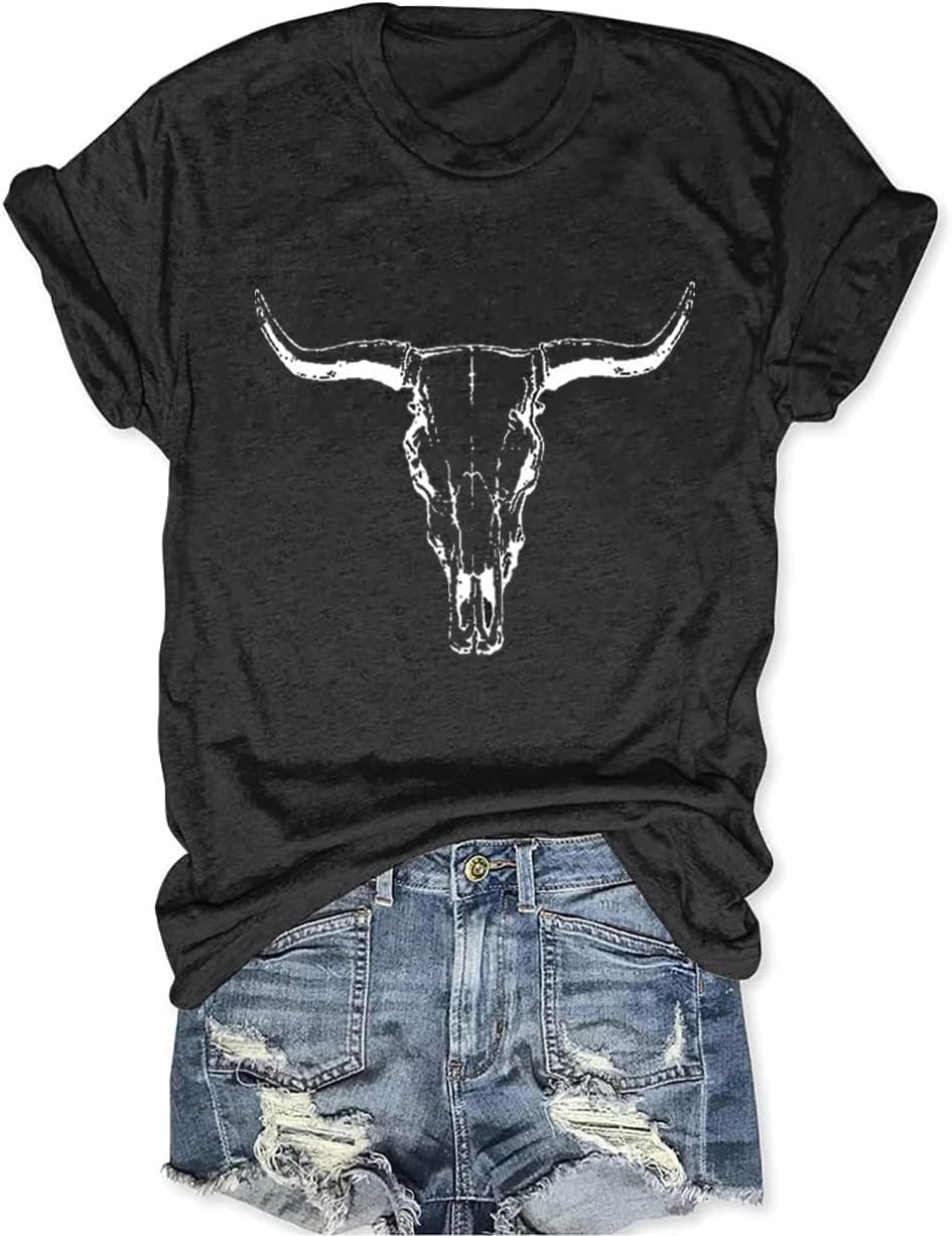 Cow Skull Shirts Women Western Cowgirl Shirts Boho Bull Skull T Shirt Vintage Rodeo Graphic Tee Tops