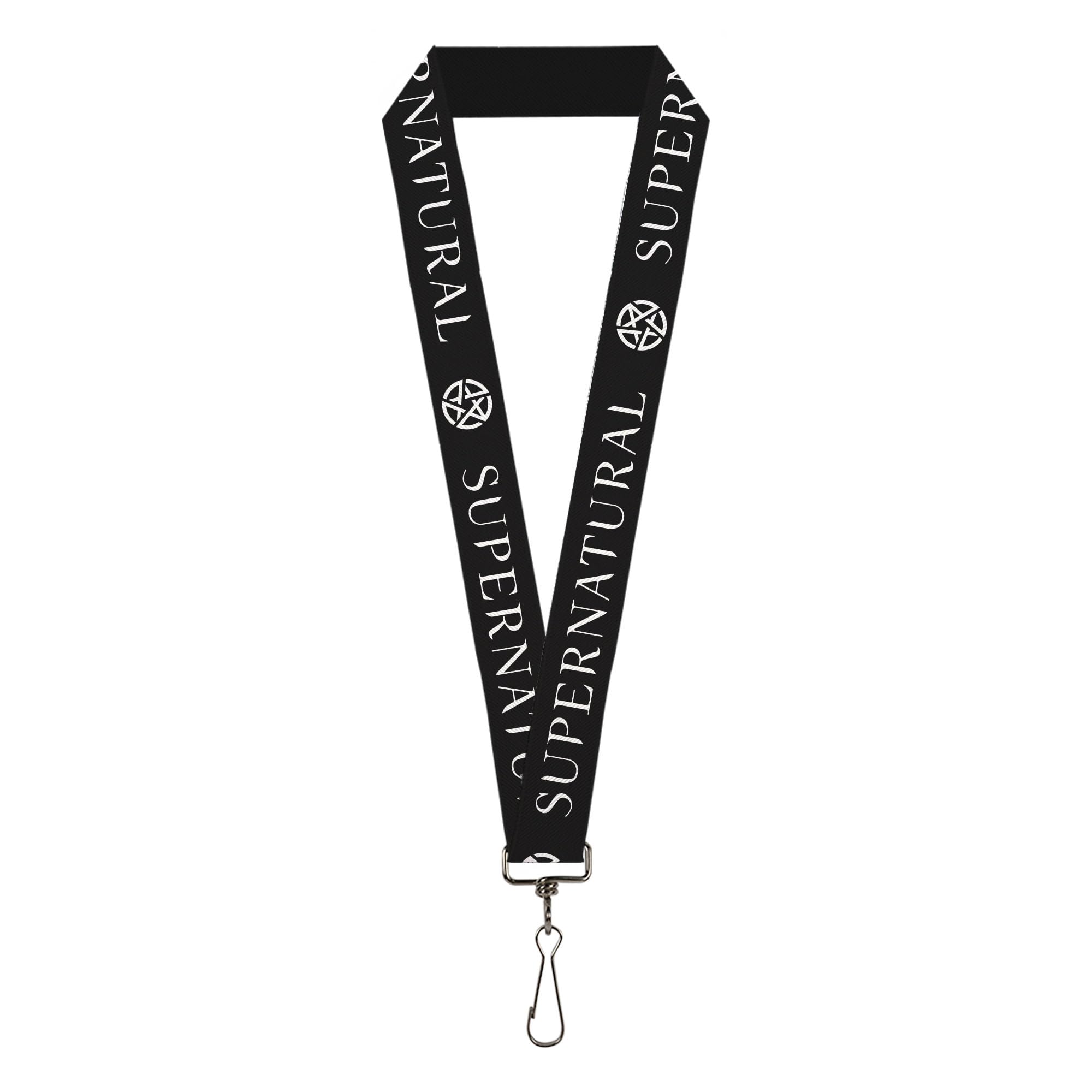 Buckle-Down Supernatural Lanyard, Supernatural Text and Pentagram Black White, Elastic, Black