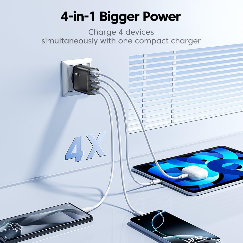 Caricatore USB C, 40 W, blocco di ricarica rapido con 4 porte, alimentatore doppio USB C e connettore QC per iPhone 16/15/14/13/12/11/Pro Max/XS/XR, iPad, Galaxy