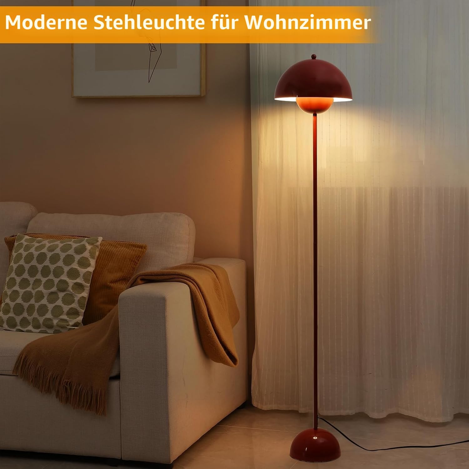 Alpinaluz Stehleuchte mit gewölbtem Parabolschirm: Klassisch, modern und nordisch, ideal für Wohnzimmer und Esszimmer mit E27-Sockel (Rot)