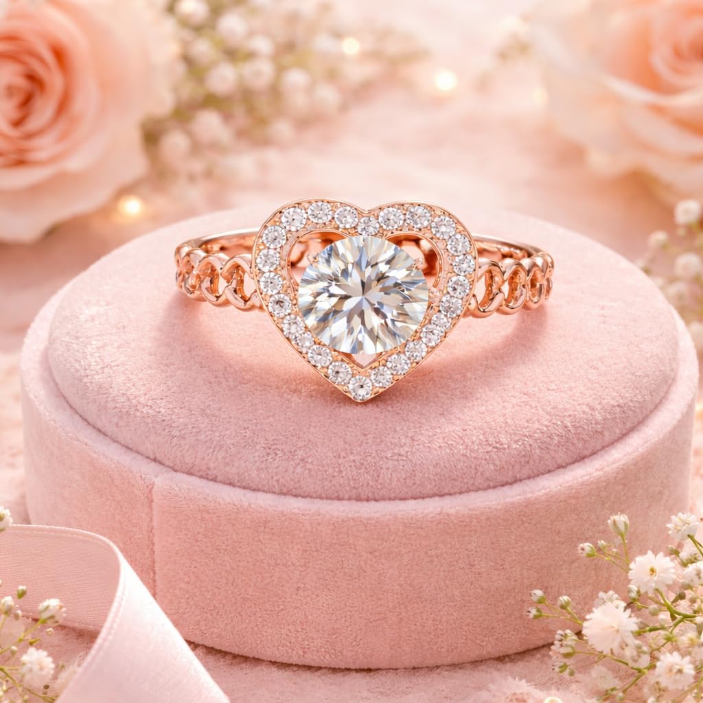 Heart Halo Engagement Ring With Round Cut Lab Grown Diamond Heart Link Chain Band With Pavé Setting Romantic Promise Ring For Women Bridal Wedding Ring Elegant Diamond Ring For Proposal Anniversary