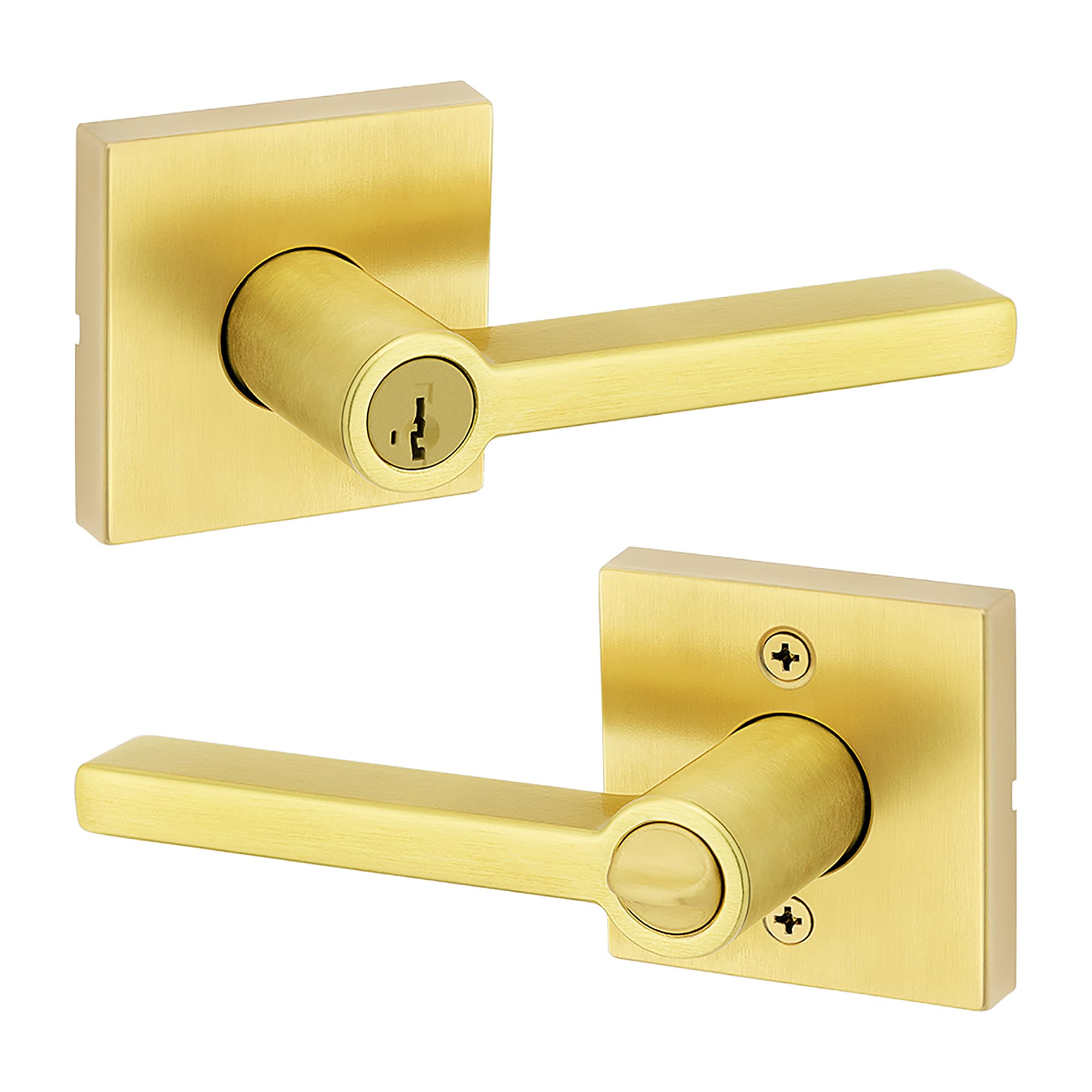 Kwikset Halifax Entry Door Handle with Lock and Key, Secure Keyed Reversible Lever Exterior, for Front Entrance and Bedrooms, Satin Brass, Pick
