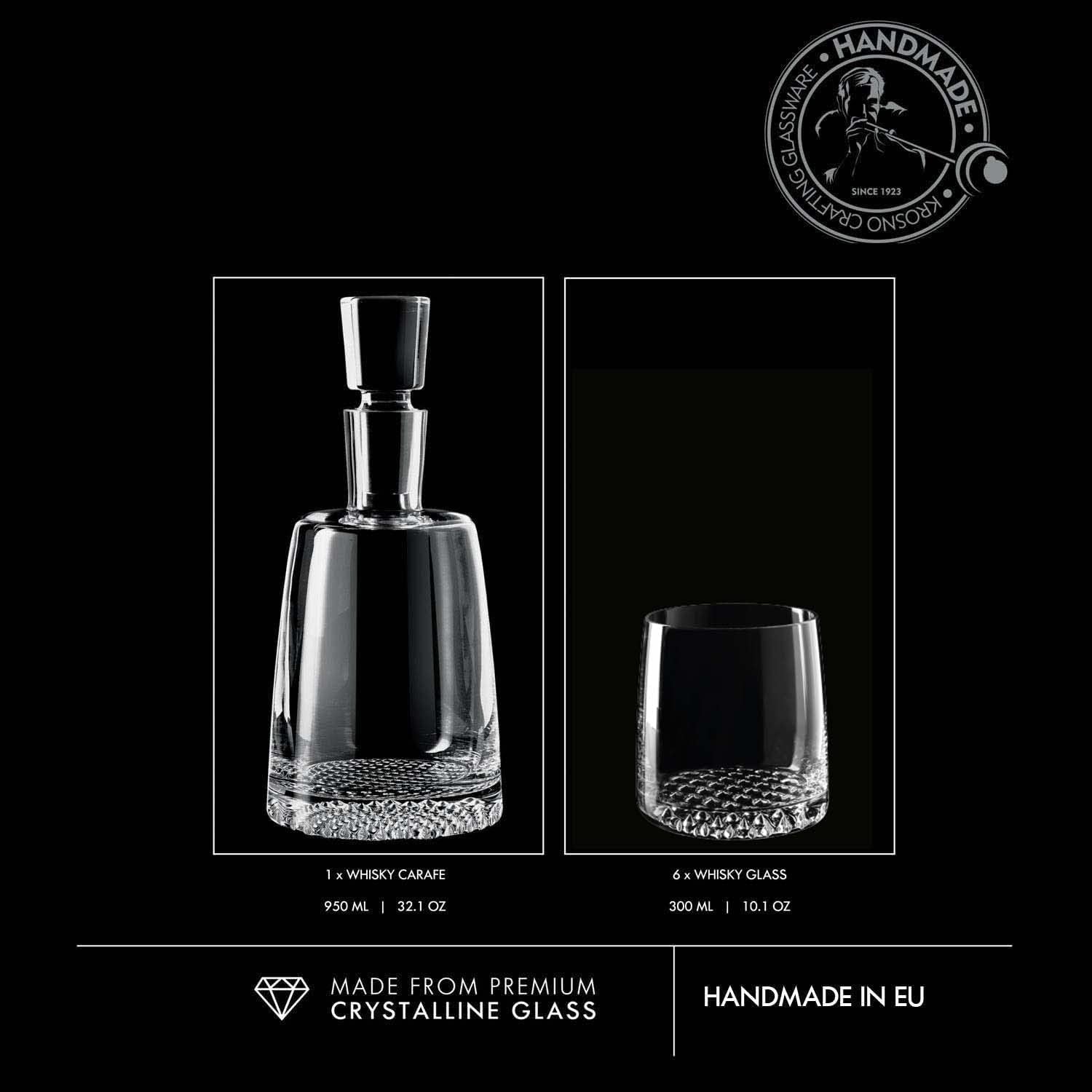 Krosno Set de whisky | 1 × decantador 950 ml y 6 × vasos 300 ml | Colección Fjord | Para casa, restaurantes y fiestas | Regalo para conocedores del whisky | Cristal sin plomo