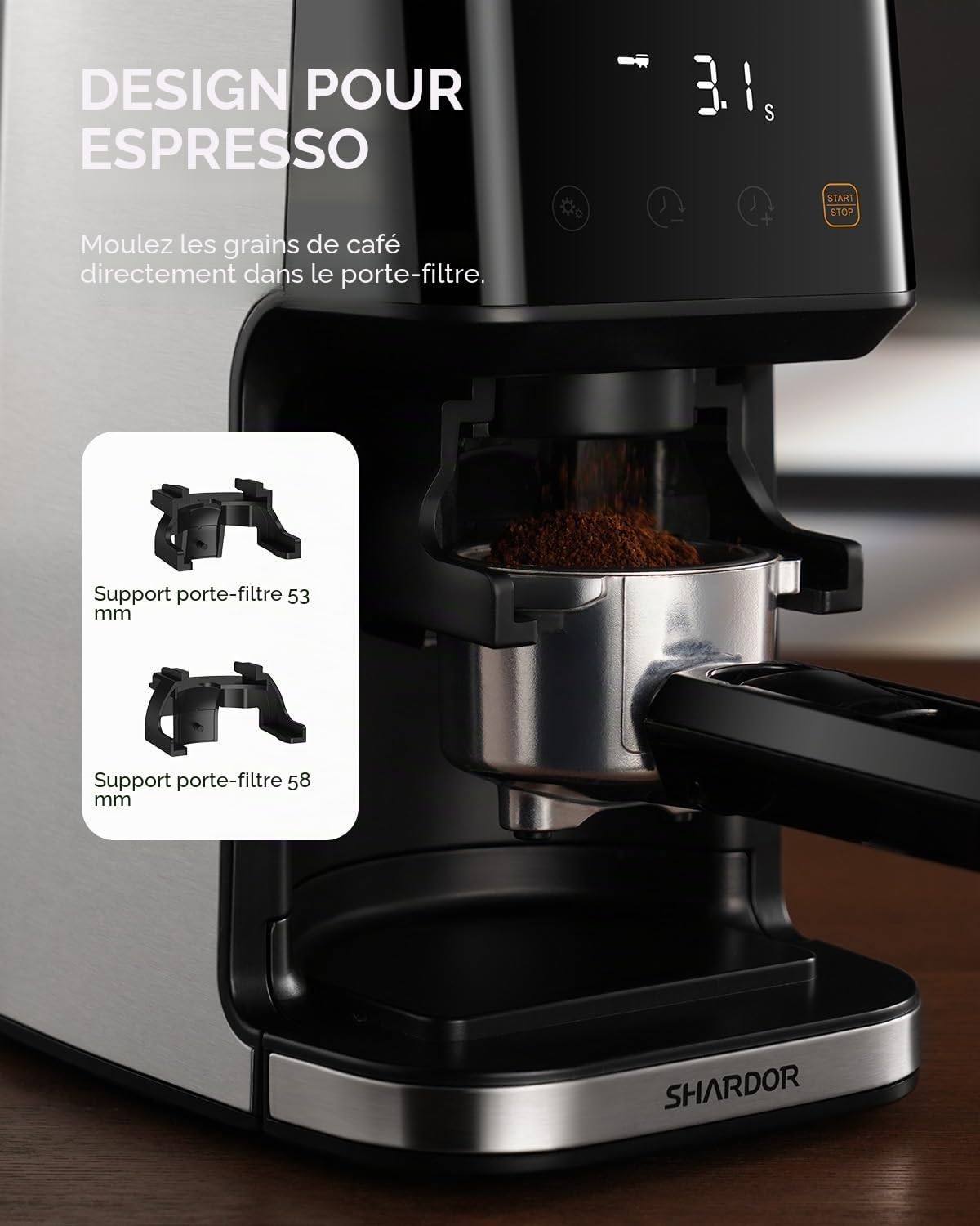 SHARDOR Moulin à Café éLectrique à Cône, 51 RéGlages De Mouture Fine Moulin à Café, Acier Inoxydable Avec RéGlage De La Tasse Et De L'Heure, Reconnaissance Automatique Du Porte-Filtre, écran LCD