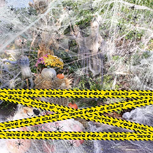 Pobuu Halloween Spinnennetz,100g elastisches Spinnennetz und 20 schwarze Gruselspinnen und Absperrband für Halloween Party Deko,Deko den und Außenbereich Cover