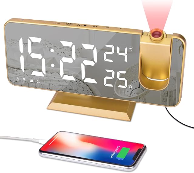 EVILTO Alarm Clock Projector - Vintage Gold Clock RadioTemperature Humidity Display Digital Alarm Clock USB Charging Port 180° Rotable Projection Time