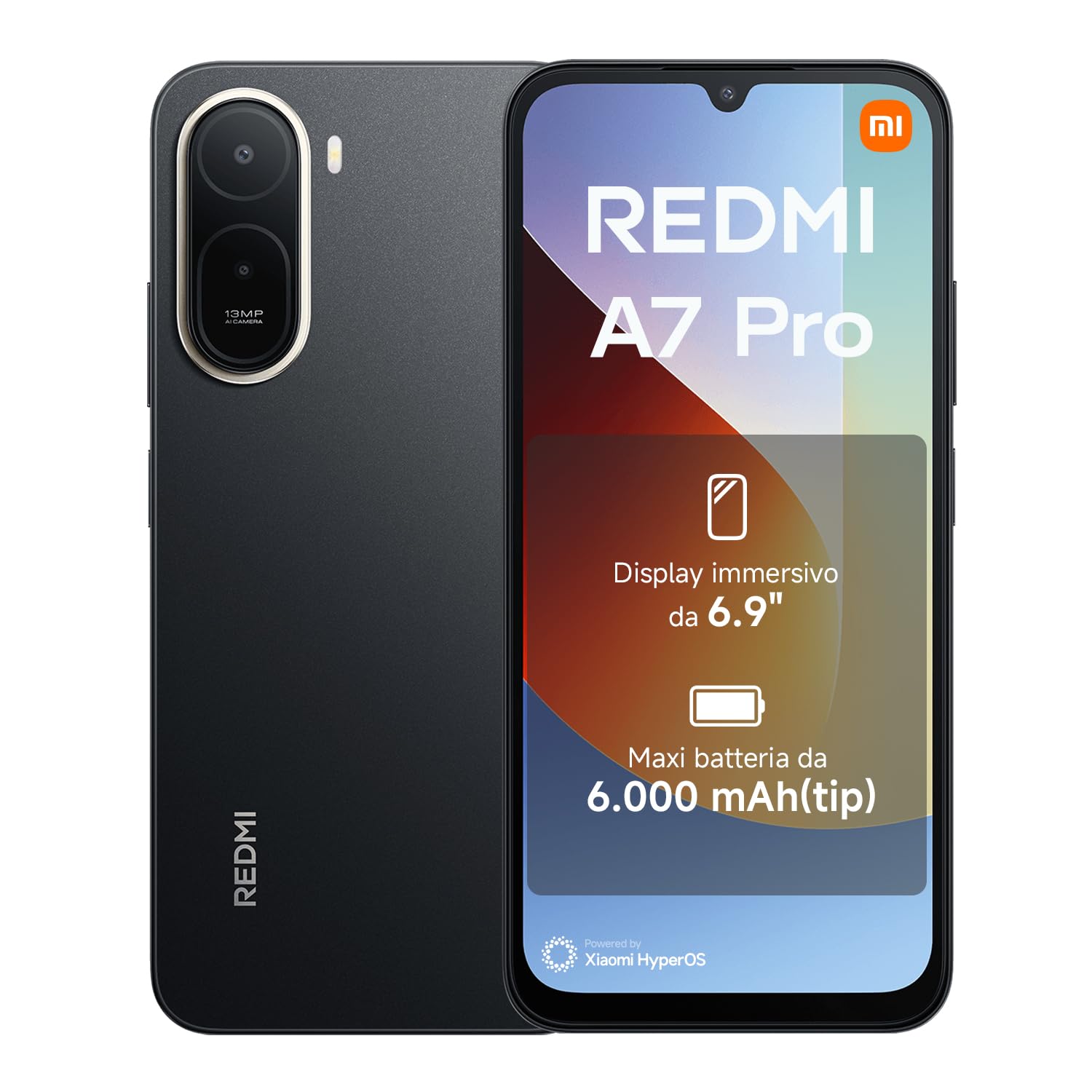 Xiaomi REDMI A7 Pro Smartphone 4+128GB, Display immersivo 6,9", Batteria 6000 mAh(tip), Processore Octa-core, Doppia fotocamera AI da 13MP, Nero, Garanzia 2 anni + 1 anno extra, Caricatore non incluso