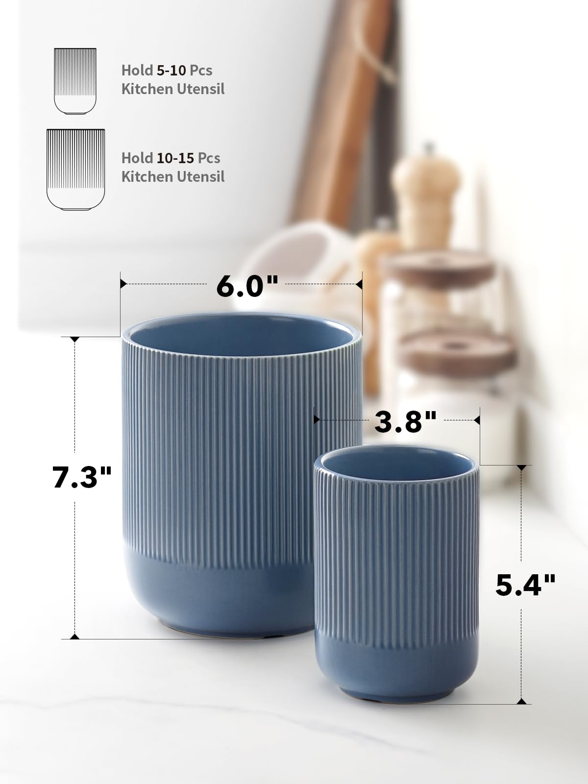 LE TAUCI Lot de 2 porte-ustensiles de cuisine en céramique de 18,5 cm + 13,7 cm pour comptoir, grands pots à ustensiles de cuisine pour comptoir de cuisine, organiseur moderne pour spatule, bleu