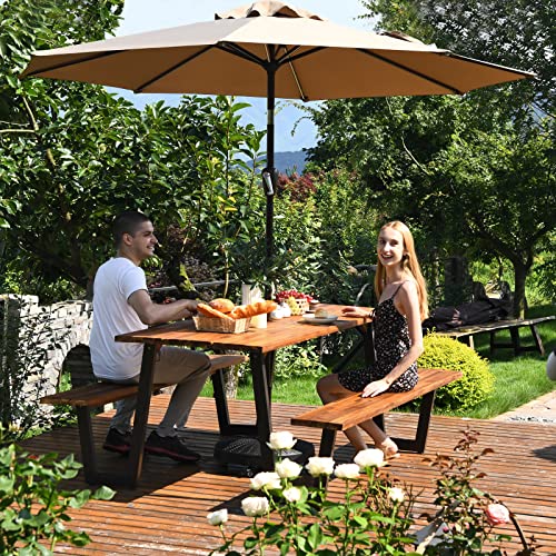 Glacer 70” Acacia Wood Picnic Table Bench Set, Wooden Outdoor Dining Table Set W/ 2’’ Umbrella Hole, Heavy Duty Picnic Beer Table Bench Set With Metal Frame, Patented (Natural & Black) #TOP1