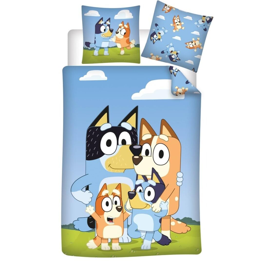 Aymax Bluey Family Single Bed Linen Set, Reversible Duvet Cover 140 x 200 cm + Pillowcase 65 x 65 cm, Blue, Polycotton, Oeko-Tex Certified