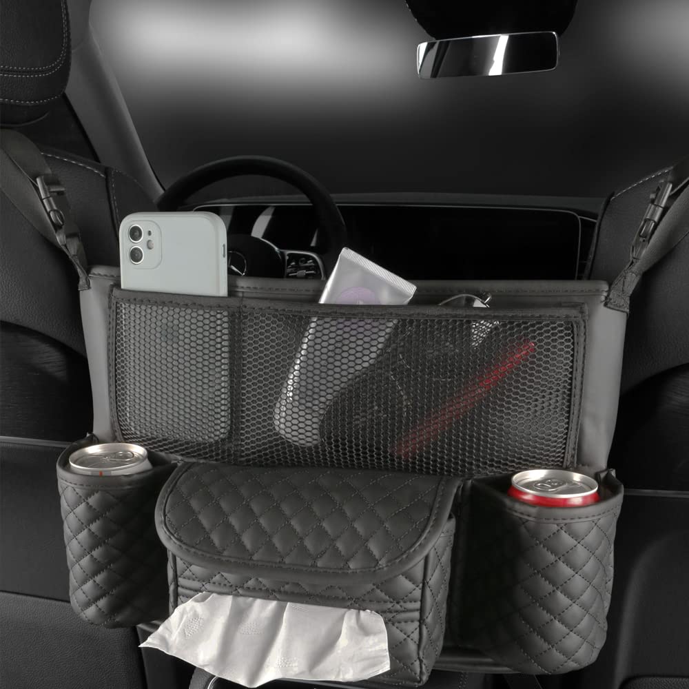 HABONG Car Leather Seat Organizer Seat Back Pouch Center Car Multifunctional Storage Bag Plaid Model Between Seats Car Organizer and Storage Car Organizer (Black)