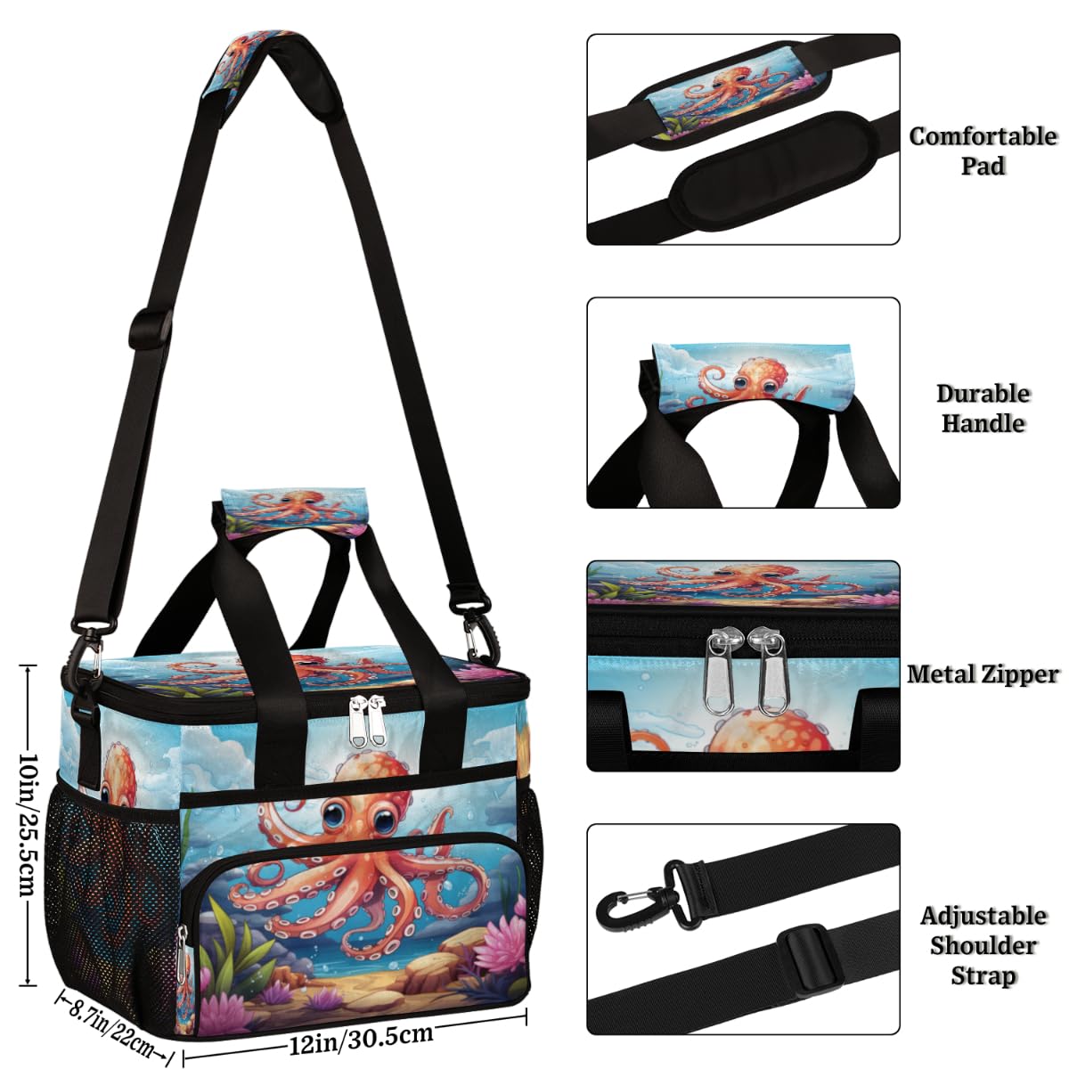 Ocean Animal Insulated Picnic Backpack Lunch Box for Women Men Picnic Basket Tote Lunch Bag Picnic Bag Portable Lunch Bags for Picnic, Beach, Work, Trip,Office, Camp Octopus