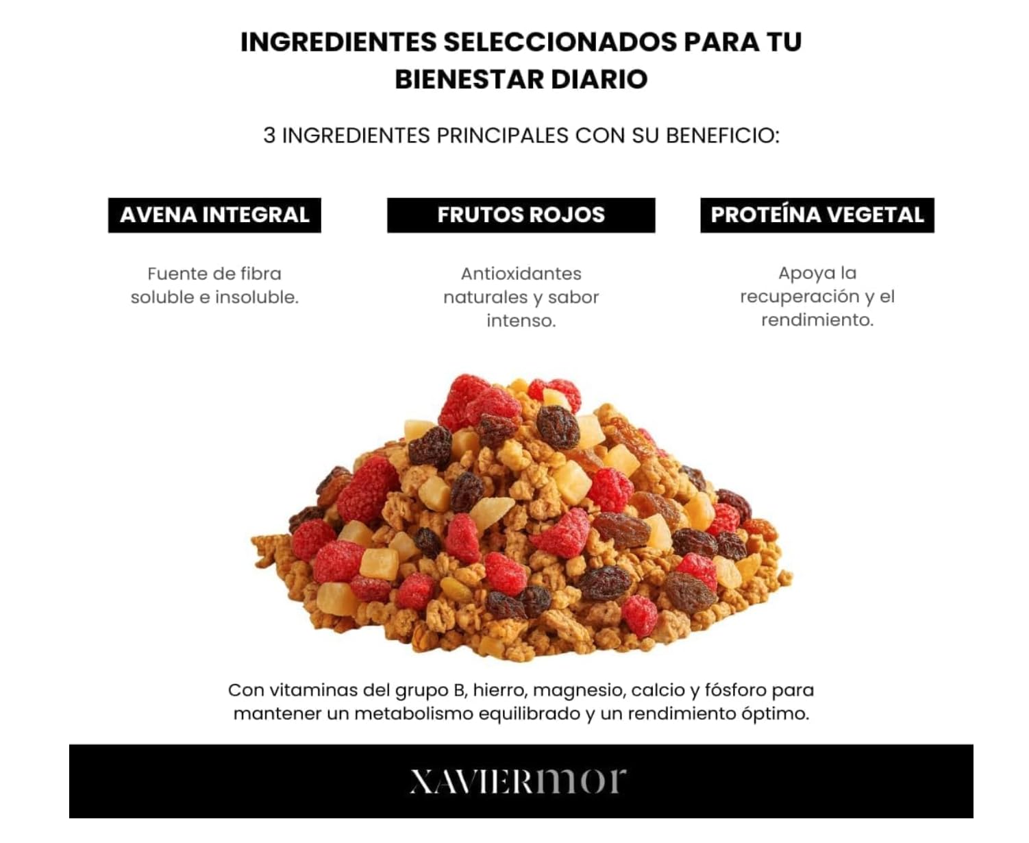 XAVIERMOR – Granola de Avena Crujiente con Frutos Rojos 400g – Desayuno Saludable con Alto Contenido en Proteínas y Fibra – Snack Fitness Nutritivo, Energía Sostenida y Saciedad Duradera