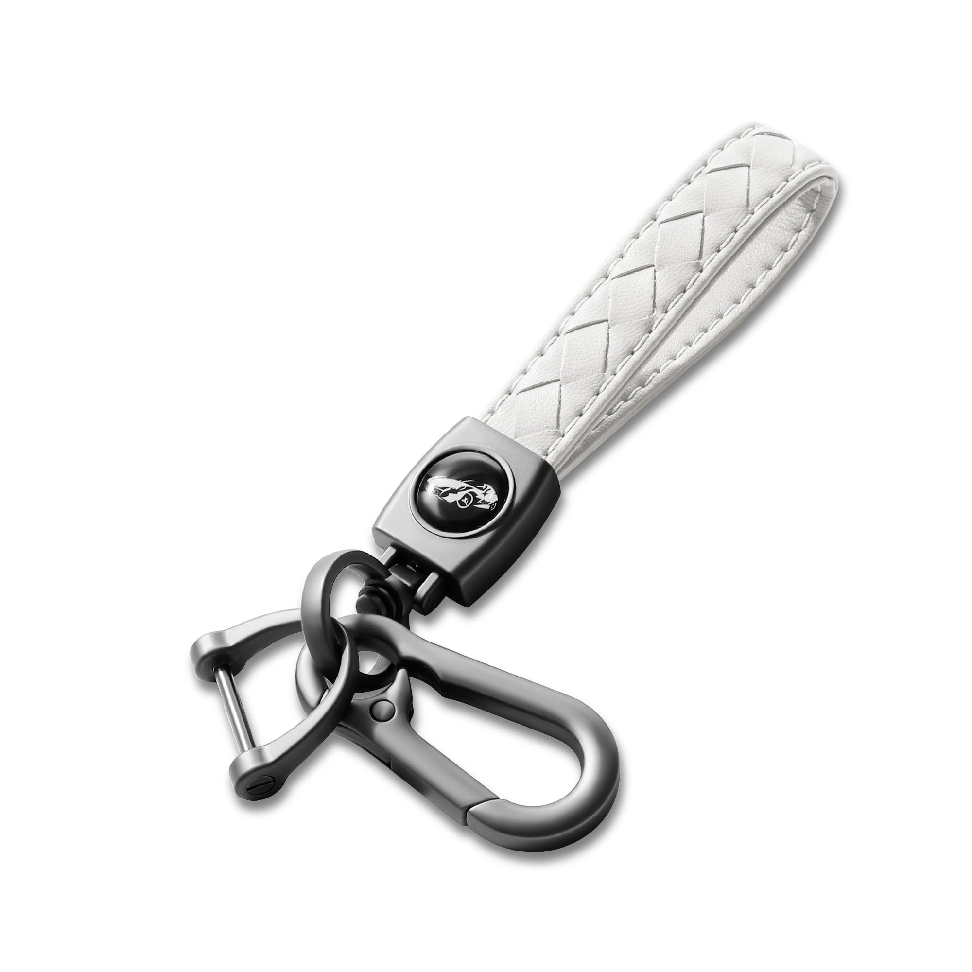 Gkeygo Carabiner Keychain, Universal Heavy Duty Woven Handmade Leather Key Chain, Car Fob Key Keychains with 360 Degree Rotatable Snap Swivel and Anti-Lost D-Ring for Men and Women, Gunmetal – White