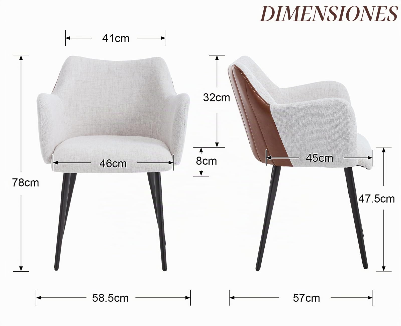 chairus Juego de 2 Sillas de Comedor Cuero PU y Lino Silla para Cocina con Brazos, Sillas Modernas con Patas de Metal para Salón/Restaurante, Beige