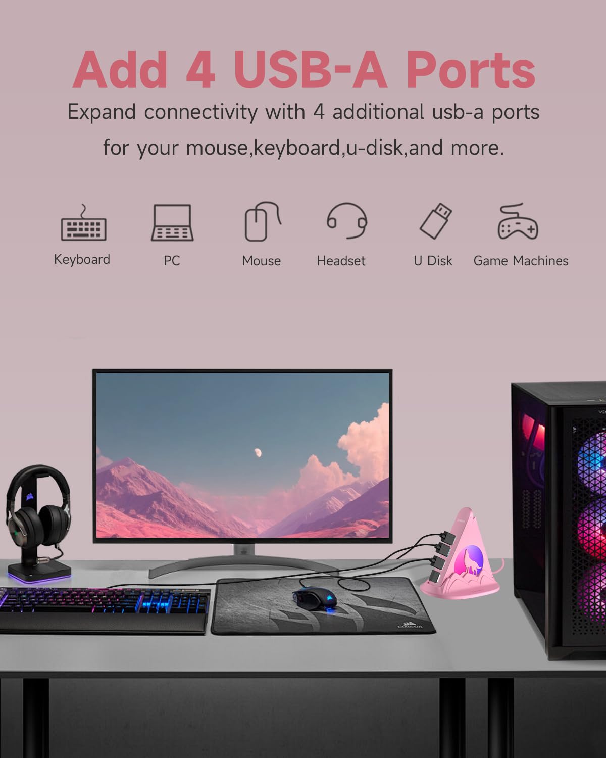 Hub USB 3.0 alimentado con adaptador de CA, concentrador USB de 6 puertos (4 datos + 2 carga rápida), diseño y base RGB Wolf, compatible con PC, portátil, PS4/5, unidad flash, teclado y mouse