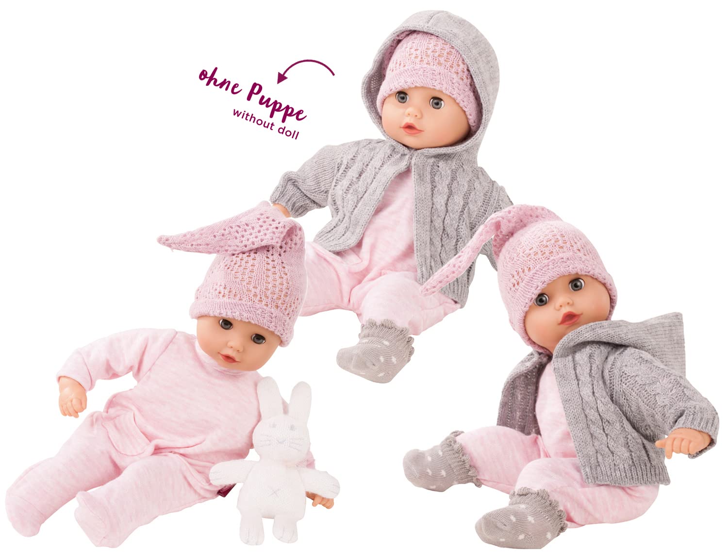 Götz 3402832 Großes Babyset Cosy Rabbit Babypuppen Gr. S 30-33 cm 10-TLG | Puppenkleidung für Puppen, mit Strampler, Mütze, Strickjacke, Tasche, Kuscheldecke, Hase, Windel und Schnuller, ab 3 Jahren