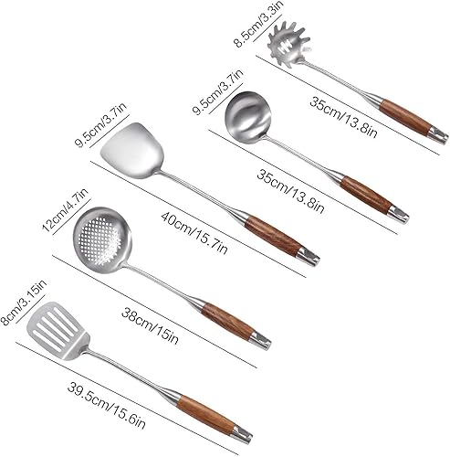 Miniatura 8 de IQCWOOD Juego de utensilios de cocina, 5 piezas de utensilios de madera para cocinar, utensilios de cocina de acero inoxidable, juego de
