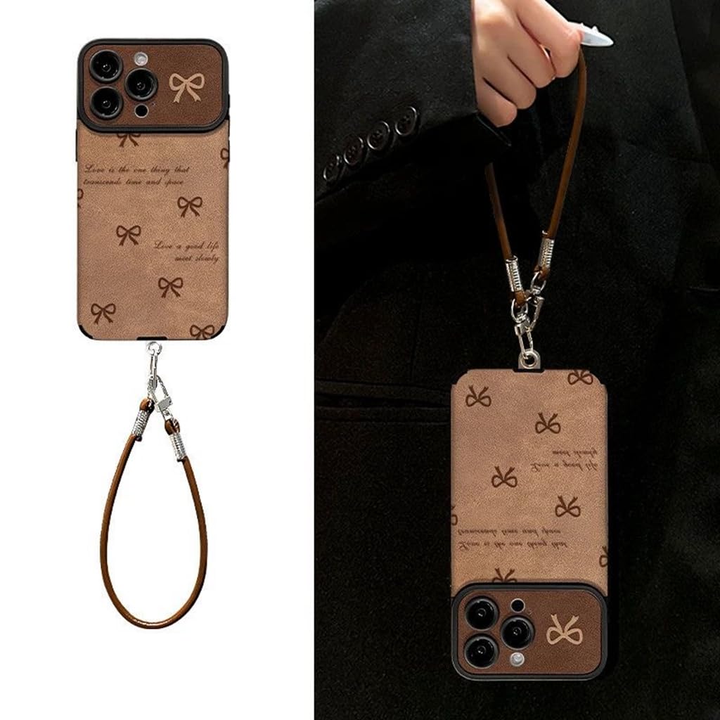 Case for iPhone 17 Pro，Raised Camera Lens Protection，Brown Wrist Strap，Elegant Hearts Pattern，Shockproof iPhone 17 Pro Cover for Girl Women Lady Gift