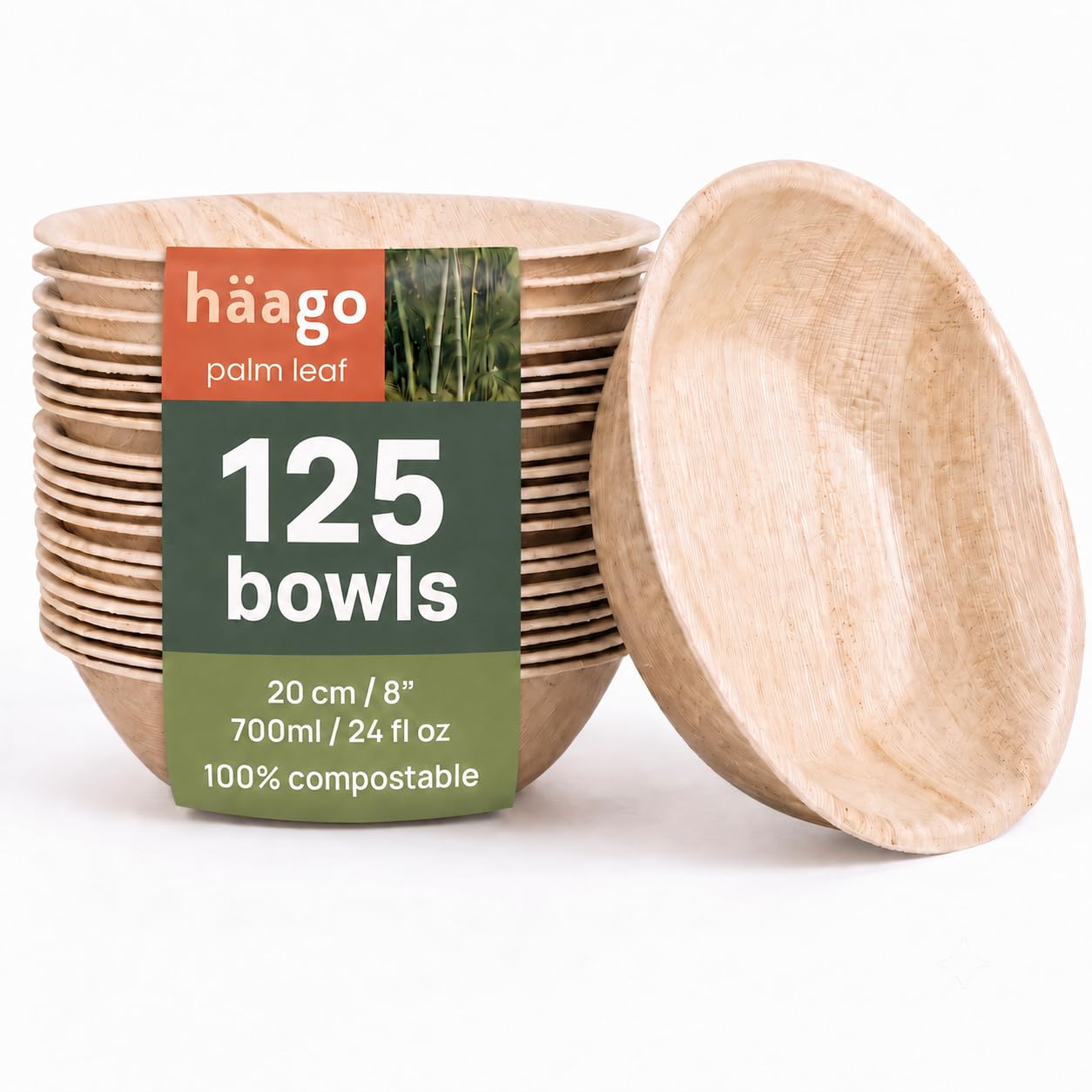 HAAGO 125 Compostable Palm Leaf Bowls - Eco-Friendly Like Wooden & Bamboo Bowl for Hot & Cold Food, Microwave & Freezer Safe Picnic Tableware Alternative to Paper - Disposable Round Bowls - 700 ml