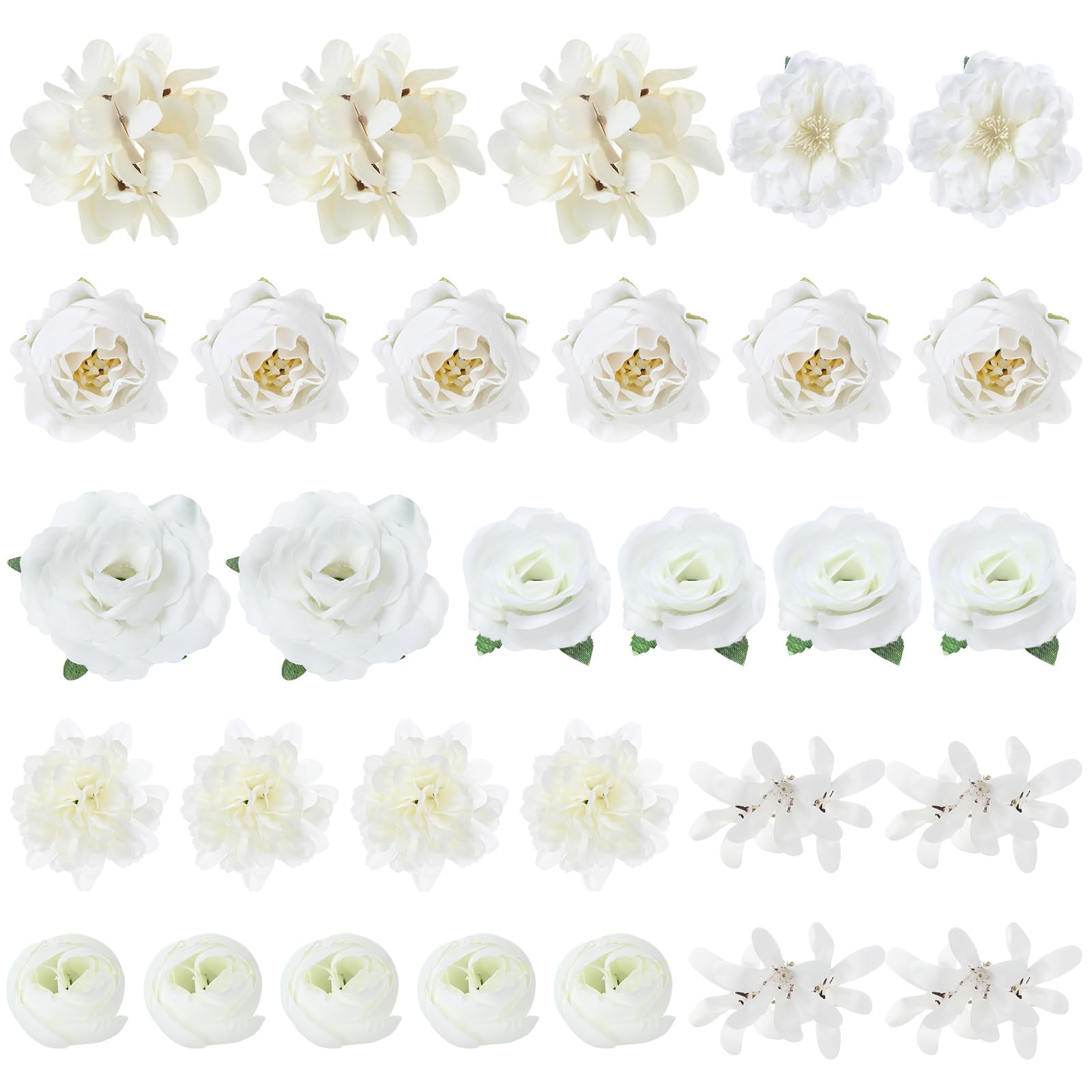 30Pcs White Artificial Flower Heads, Fake Flower with Stems Silk Faux Flowers, Floral decorations, Realistic craftsmanship for DIY Table Decorations, Arrangement, Wedding, Party, Hair, Cake, Home