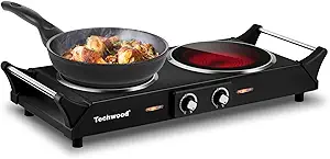 Hot Plate, Techwood 1800W Double Infrared Ceramic Electric Stove for Cooking, Dual Control Cooktop Burners, Portable Anti-scald Handles Suitable for RV/Home/Camp, Compatible for All Cookwares