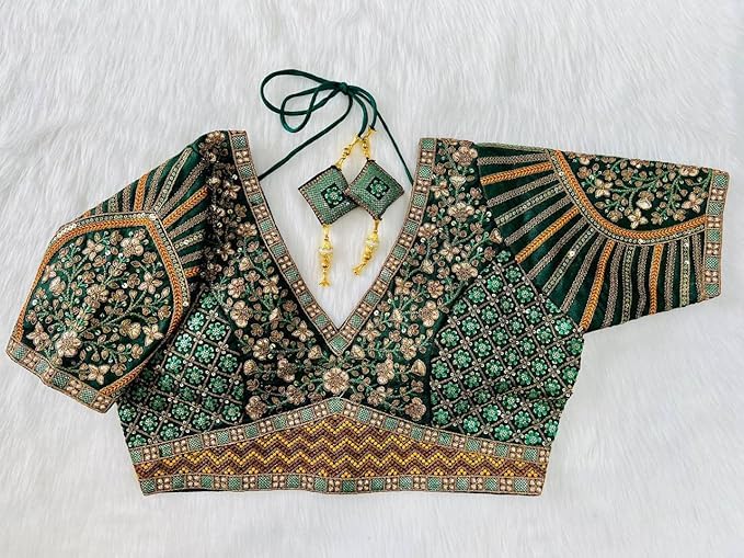Image of Pujia Mills Mills Women's Fancy Readymade Heavy Coding Embroidary Worked Half Sleeve Multicolor Saree Blouse(Mushroom)