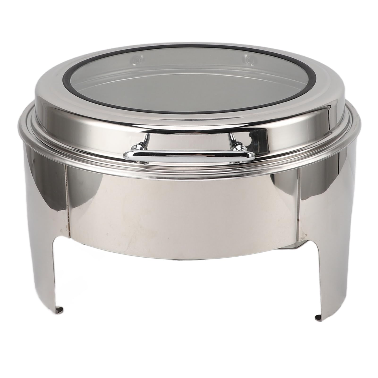 SIXRUN Plato Redondo de Acero Inoxidable de 6 Litros, Servidor de Buffet con Tapa de Vidrio Visible, Tapa Abatible de 90°, Calentador de Alcohol, Sartén Profunda, Acabado Espejo para Catering, (1