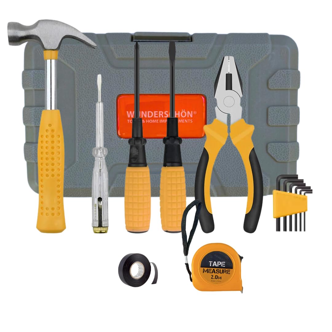 WUNEDRSCHÖN | Compact Tools Set For Home Repairs - 13 Pieces Kit - Screwdrivers-Hammer-Plier-Allen keys-Insulation and Measuring Tape