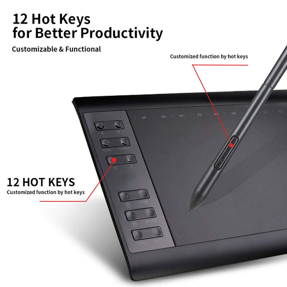 Tavoletta grafica con 8192 livelli di pressione Stilo penna senza batteria e 12 tasti stampa + 10 tasti funzione compatibili con Windows, Mac, Android, 10 * 6 pollici Tavoletta grafica con 8192 livelli di pressione Stilo penna senza batteria e 12 tasti stampa + 10 tasti funzione compatibili con Windows, Mac, Android, 10 * 6 pollici