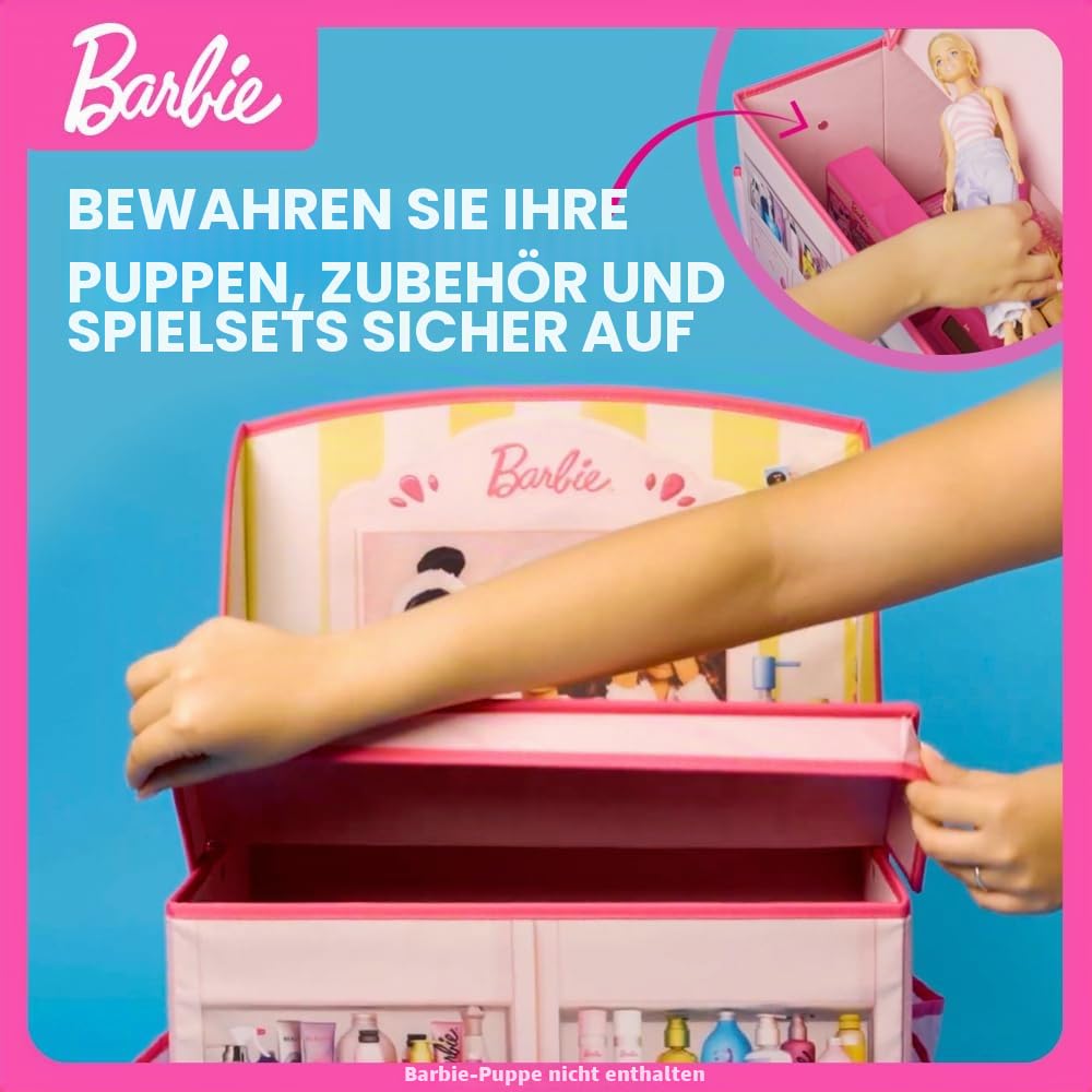 Barbie 2 in 1 Faltbare Aufbewahrungsbox und Schminktisch-Set - Platz für mehr als 60 Puppen und Zubehör - Spielzeug Organizer mit Fächern