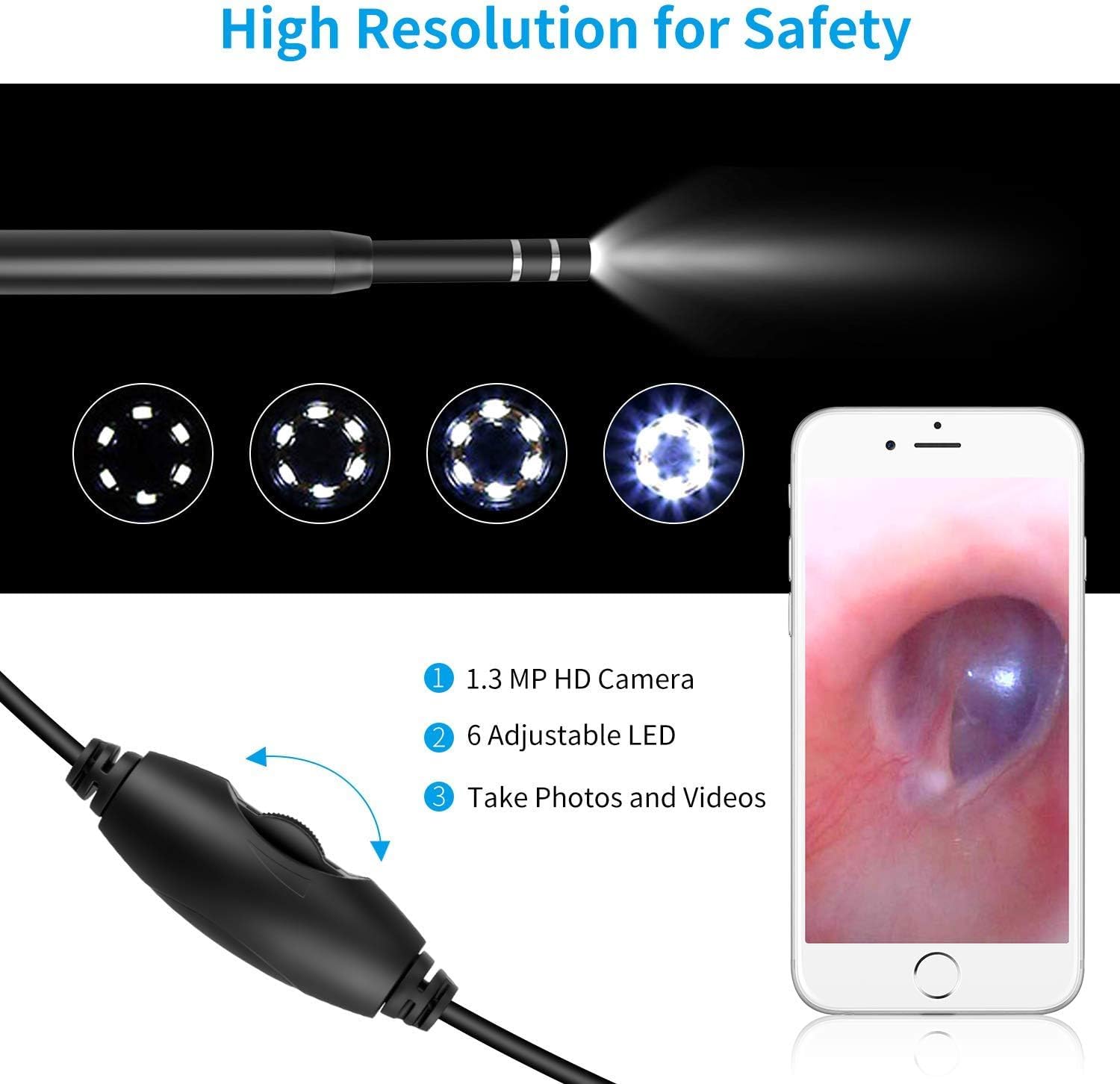 Otoscopio USB 3 en 1, Mini cámara Visual Mejorada de 5.5 mm de diámetro, endoscopio de oído HD con Herramienta de Limpieza de Cerumen y 6 Luces LED Ajustables para OTG Android, Windows y Mac.