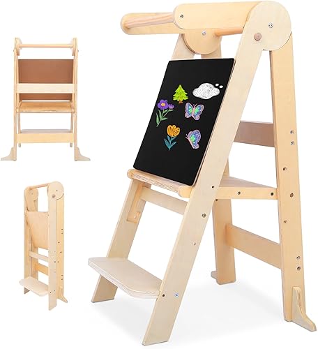Miniatura 2 de TZnponr Taburete para niños pequeños, torre de aprendizaje Montessori plegable, taburete de cocina ajustable de 3 niveles de altura con rieles de