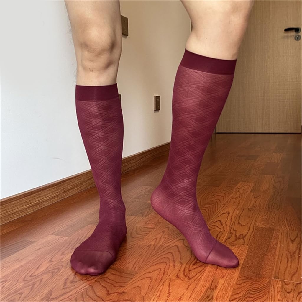 Men's Thin Sheer Nylon Dress Socks Elegant Argyle Pattern Middle Calf Socks for Business Suit and Formal