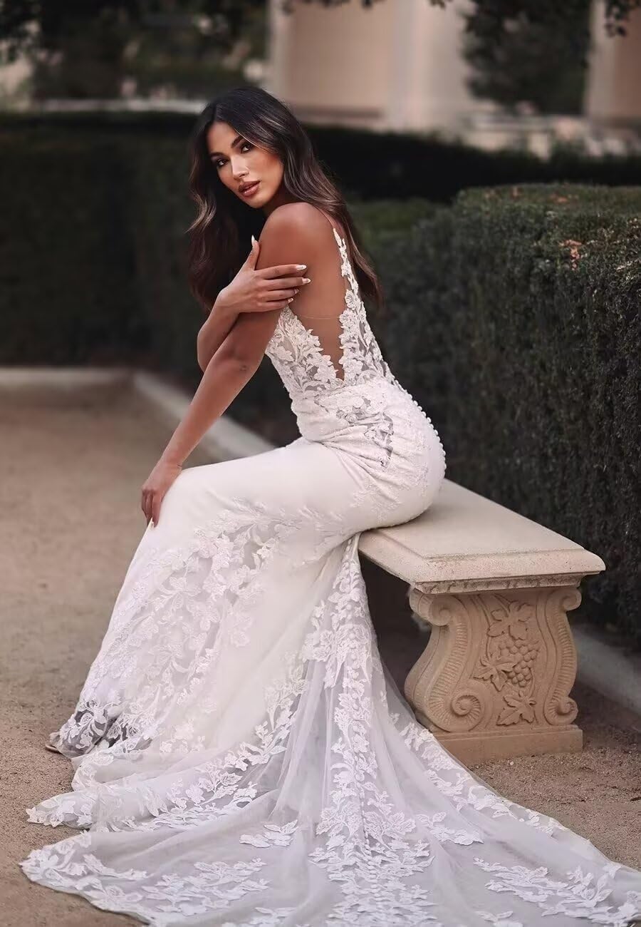 Robes de mariée sirène pour mariée appliques en dentelle dos nu robes de mariée de plage avec train