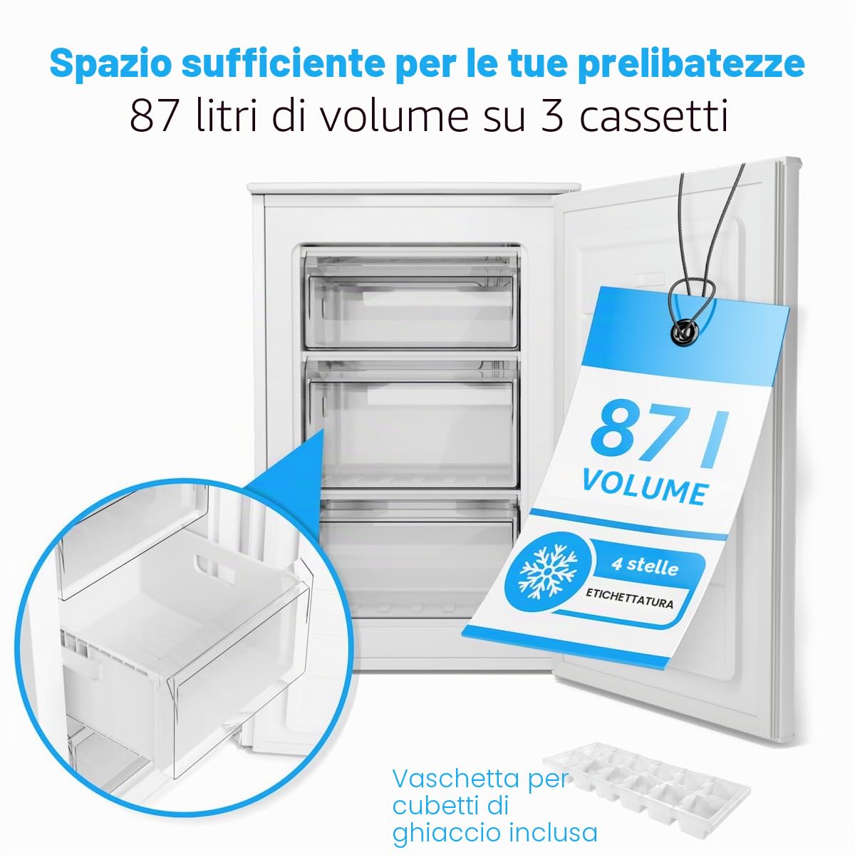 Bomann, Congelatore 87 L GS7253-Bianco 4 Stelle, Controllo Progressivo della Temperatura, 3 Cassetti, Vaschetta Ghiaccio, Reversibile, Classe N/ST/T, Ideale per Carne e Verdura, Rumorosità 40 dB