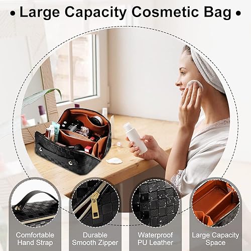 Miniatura 6 de Cessfle Bolsa de cosméticos de viaje de gran capacidad, bolsa de maquillaje a cuadros, bolsa de cuero portátil impermeable para el cuidado de la