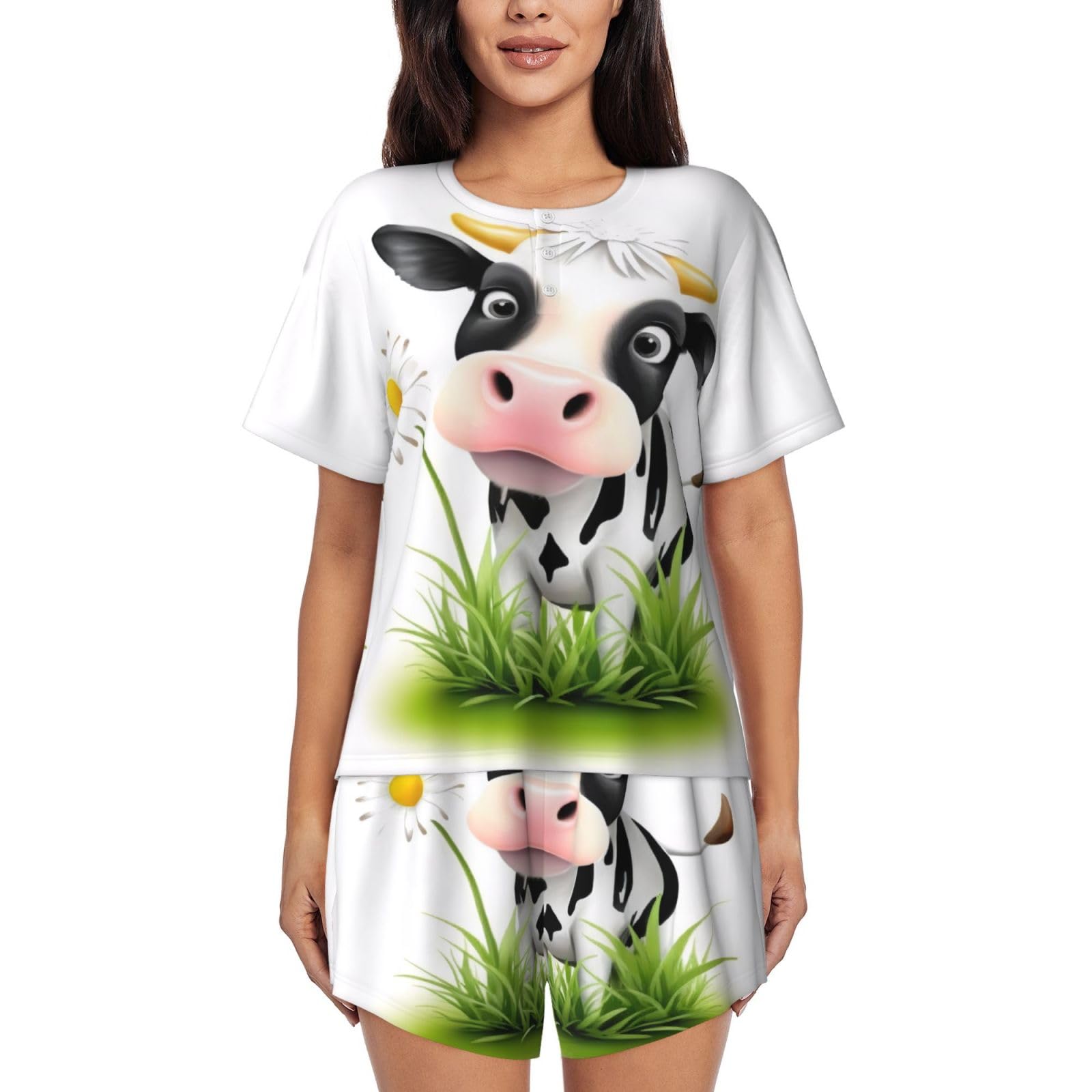 KHDKLXOHZ Cute Cow Pajamas Sets For Women - Short Sleeved Pajama Set, Women'S Loungewear, Comfortable Nightwear, Round Neck Fashion Sleepwear With Pockets, Soft Pj Lounge Sets
