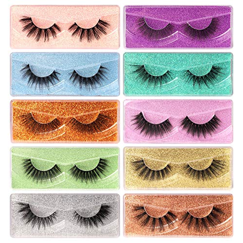 Pleell False Eyelashes 10 Styles Mixed Medium Length Fake Lashes Bulk 10 Pack 3D Natural Wispies Faux Mink Lashes with 10 Glitter Portable Eyelash Boxes