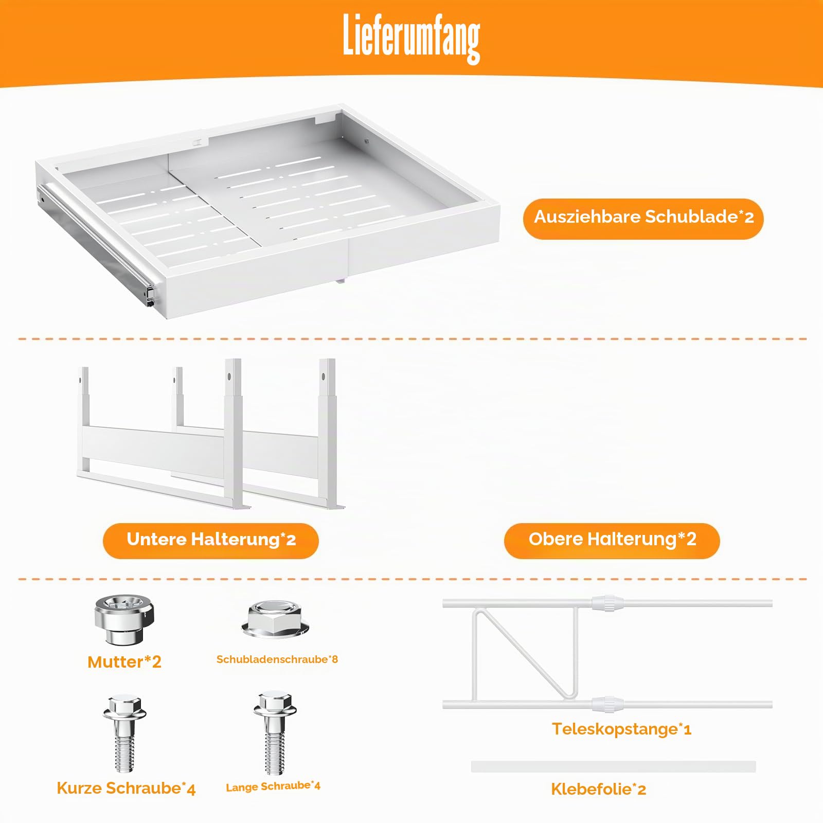 2-Stück Teleskopschublade, Ausziehbare Schublade Küche, Küchen Organizer, 32-52cm Verstellbare Breite, Ausziehbarer Schrank Organizer mit Kleber Organizer Ordnung ohne Bohren
