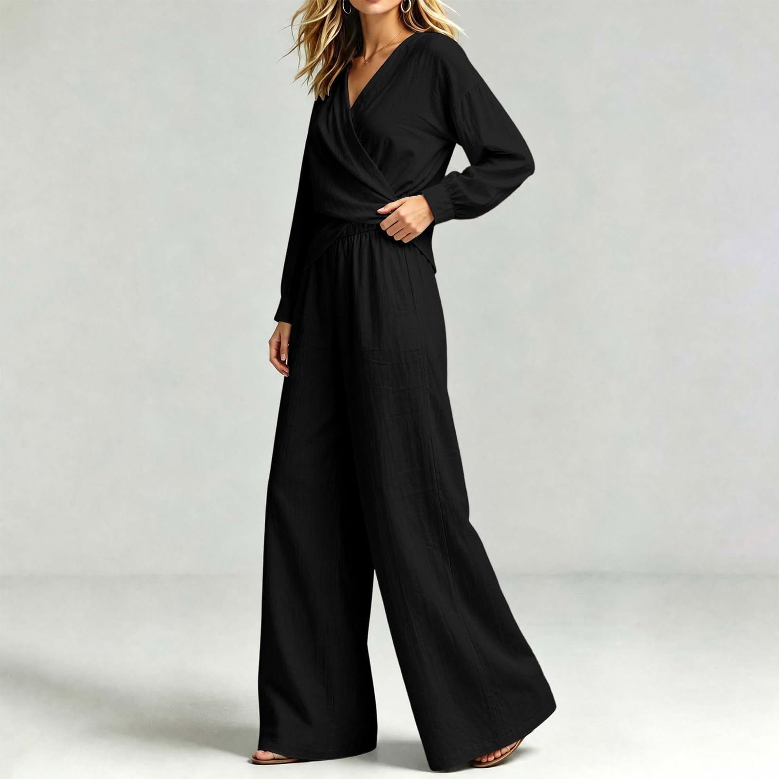 Set da 2 pezzi da donna Co Ord, casual, con scollo a V, a maniche lunghe, pantaloni a gamba larga, traspiranti, comodi, da viaggio, spiaggia, vacanze, tempo libero